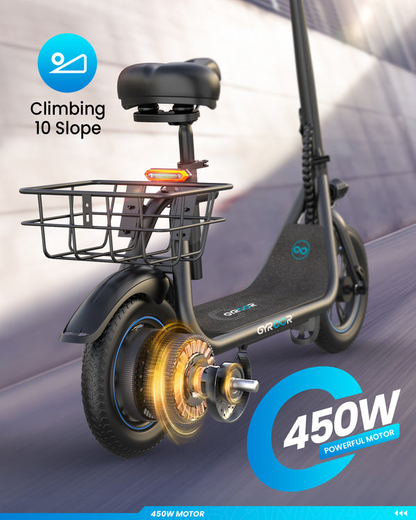 thumbnail interactive-video image 1 of Gyroor C1S Seated Electric Scooter W/ Carry Basket – 21 Miles Range, 18.6 MPH, Dual Suspension, For Adults & Pets 1 of 2