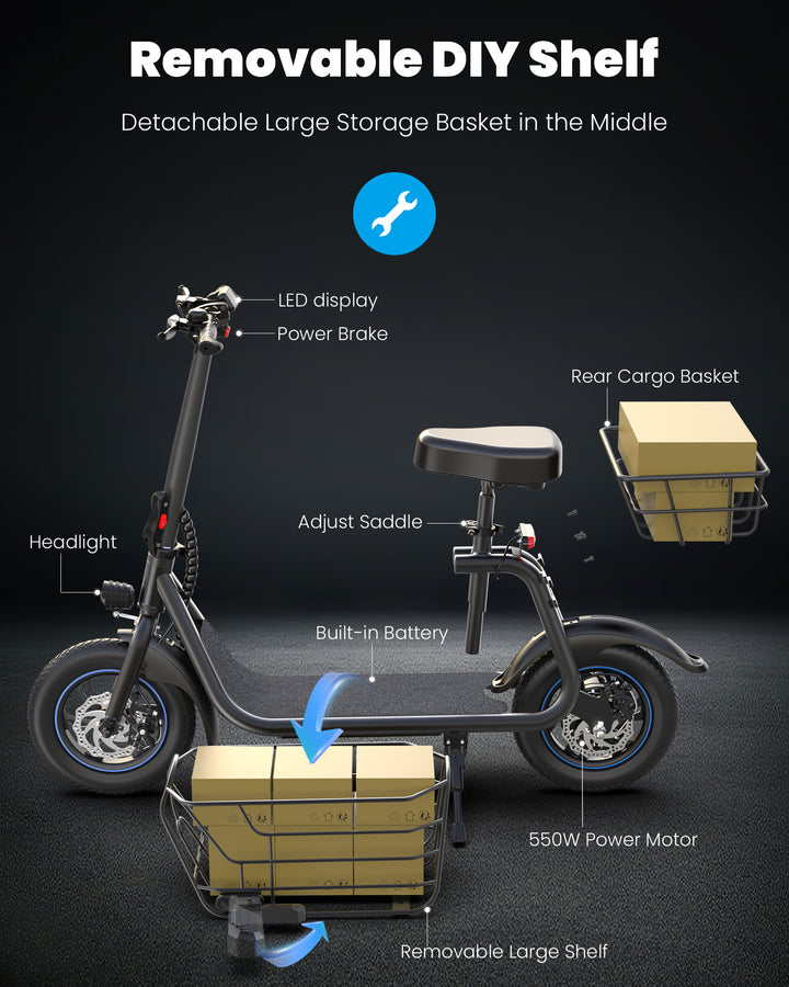 Gyroor C1S Electric Scooter with Seat for Adults 550W, Ample Storage for Pets & Cargo