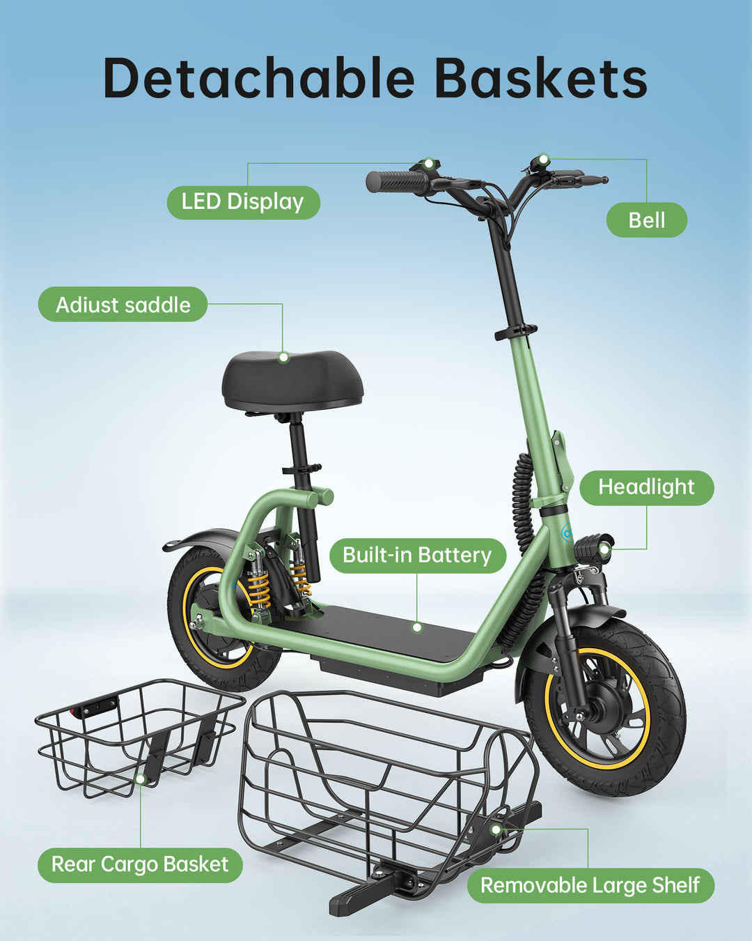 Foldable Electric Scooter For Adults With Seat and Basket | Gyroor C1 Pro