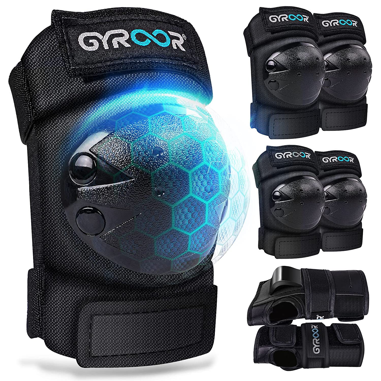 GYROOR 6 in 1 Protective Gear For kids,Knee and Elbow Pads with Wrist  Guards Adjustable S/M/L